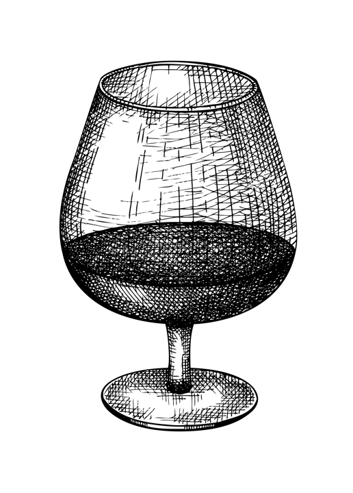 Hand-sketched whiskey glass illustration. Vector sketch of the popular drink bowl isolated on white background. Alcoholic drawing of brandy snifter for bar or restaurant menu design.